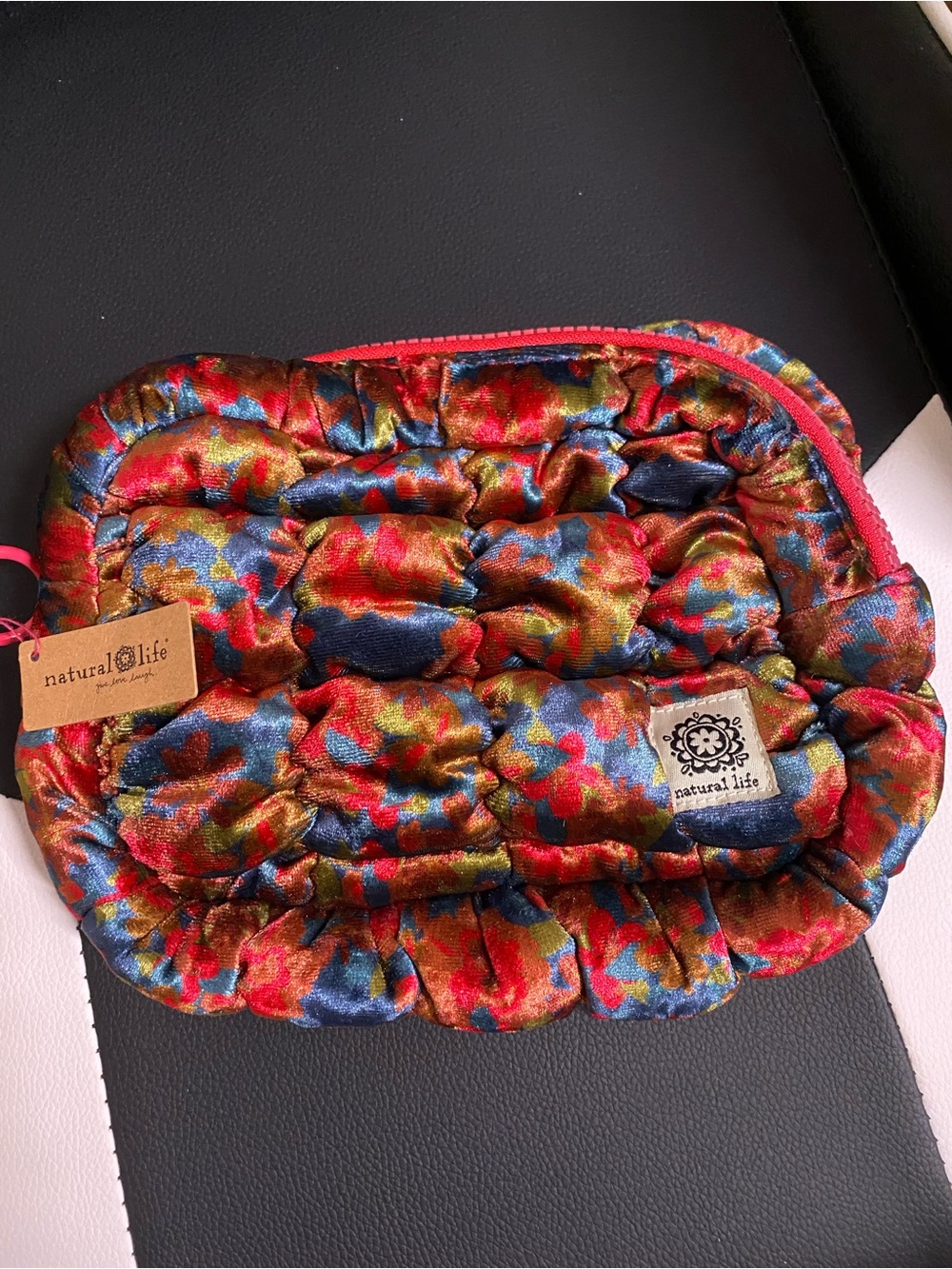 NATURAL LIFE Quilted Floral Velvet Pouch in Red, Blue & Gold